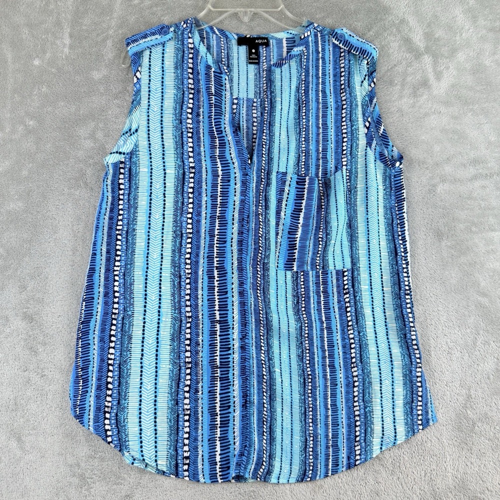 Aqua Top Women XS Blue Striped Sleeveless Lightweight Split V Neck Casual Office